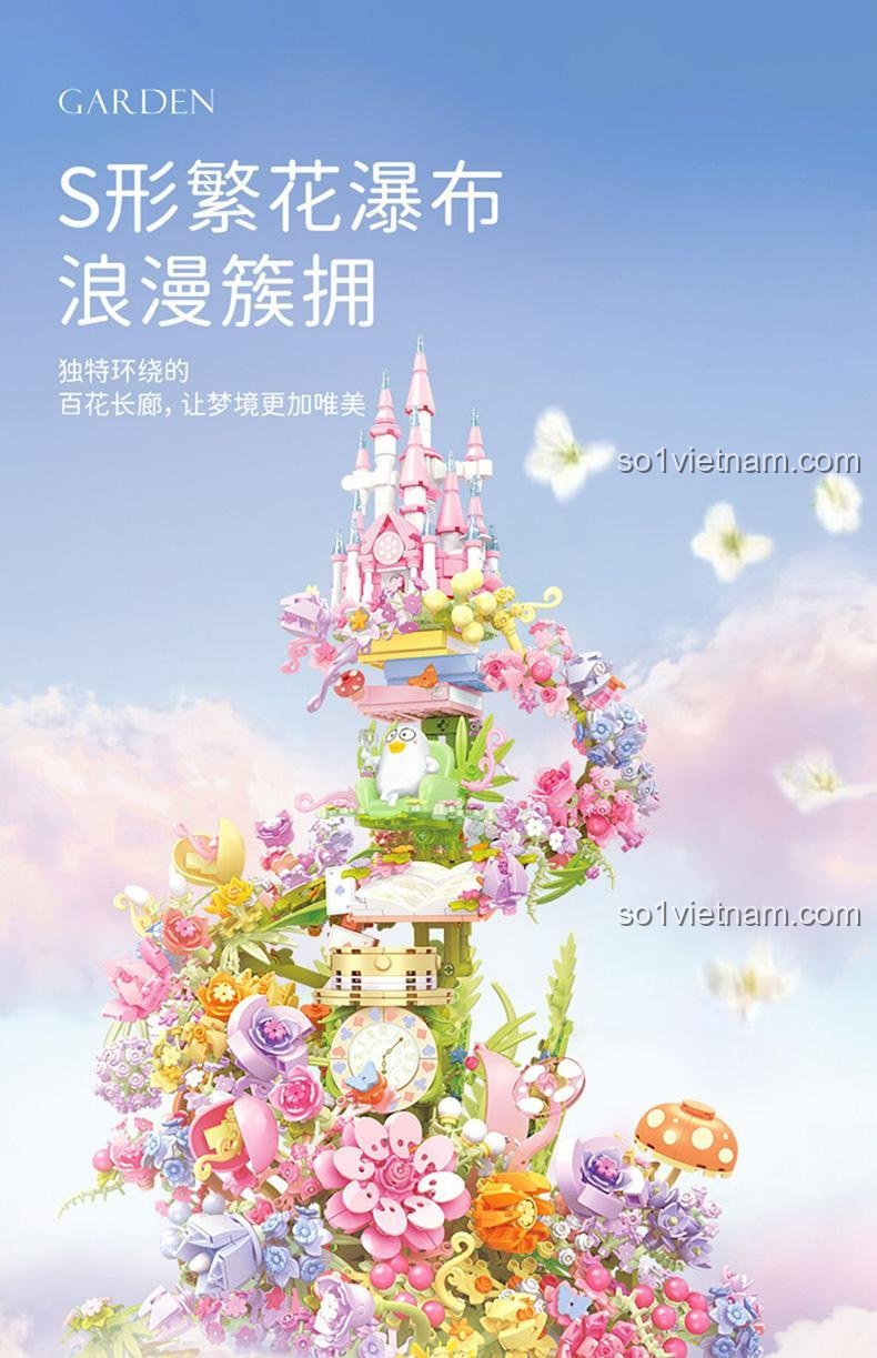Thiết kế thác hoa hình chữ S độc đáo của đồ chơi mô hình SEMBO 611072 Lâu Đài Hoa Vịt Con Lưu, lãng mạn và tinh tế