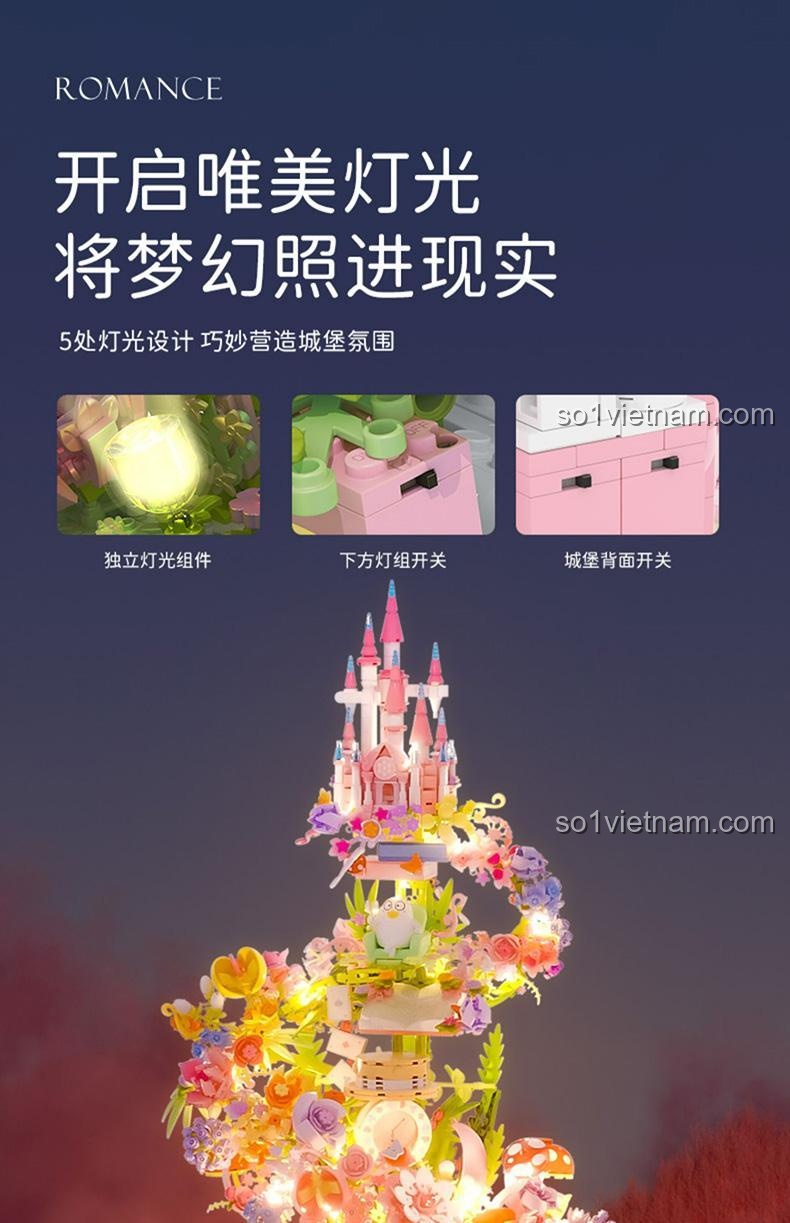 Tính năng đèn LED của bộ lắp ghép SEMBO 611072 Lâu Đài Hoa Mộng Mơ Vịt Con Lưu, mang đến trải nghiệm kỳ diệu