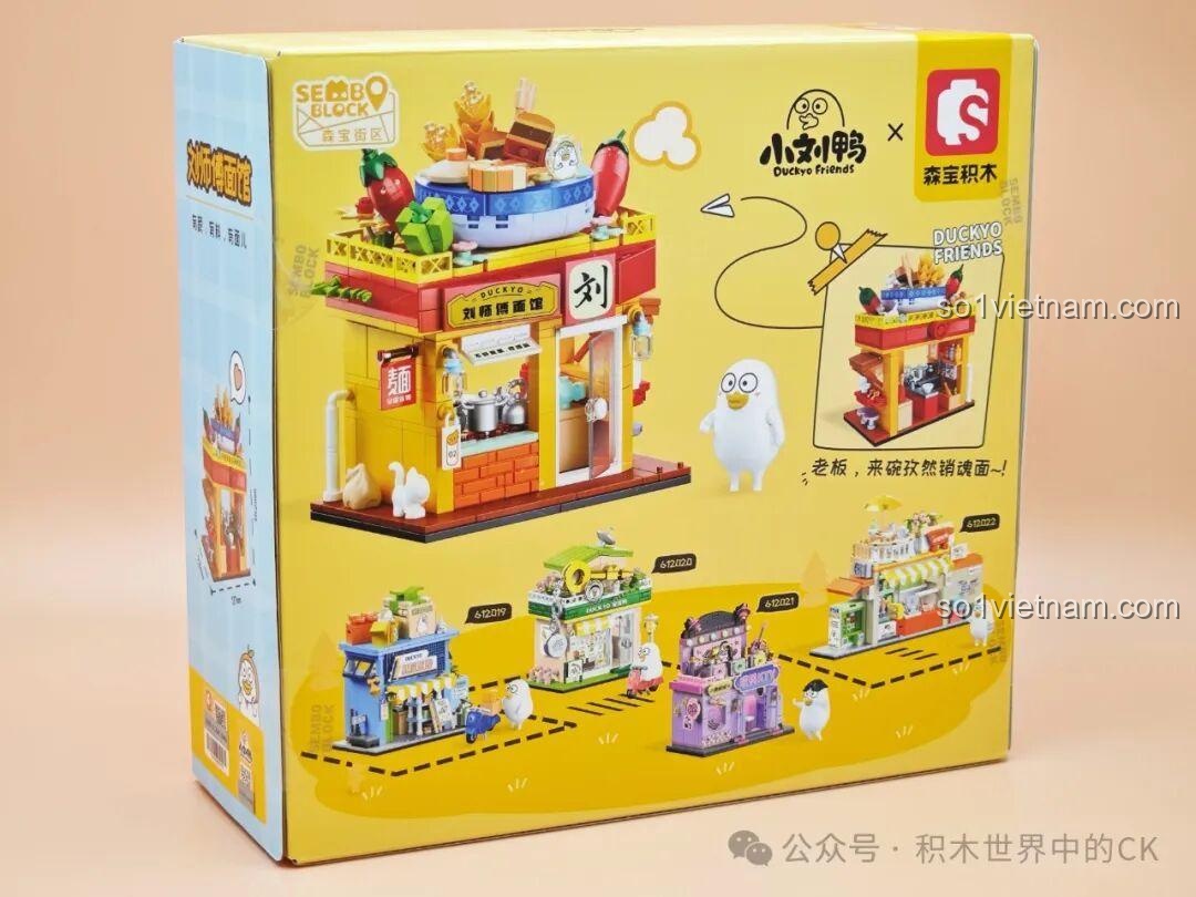 Mặt sau hộp bộ lắp ghép Sembo 612018 Quán Mì Thầy Lưu, giới thiệu tổng quan series Ducky Friends, kích thích sưu tập
