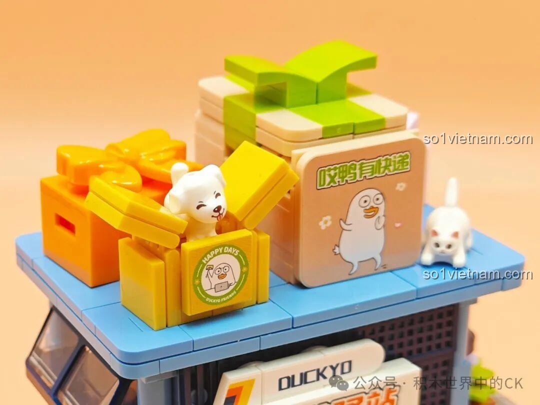 Ảnh động mô hình Sembo 612019 Trạm Chuyển Phát Nhanh có thể mở ra, để lộ nội thất bên trong, tính năng tương tác cao