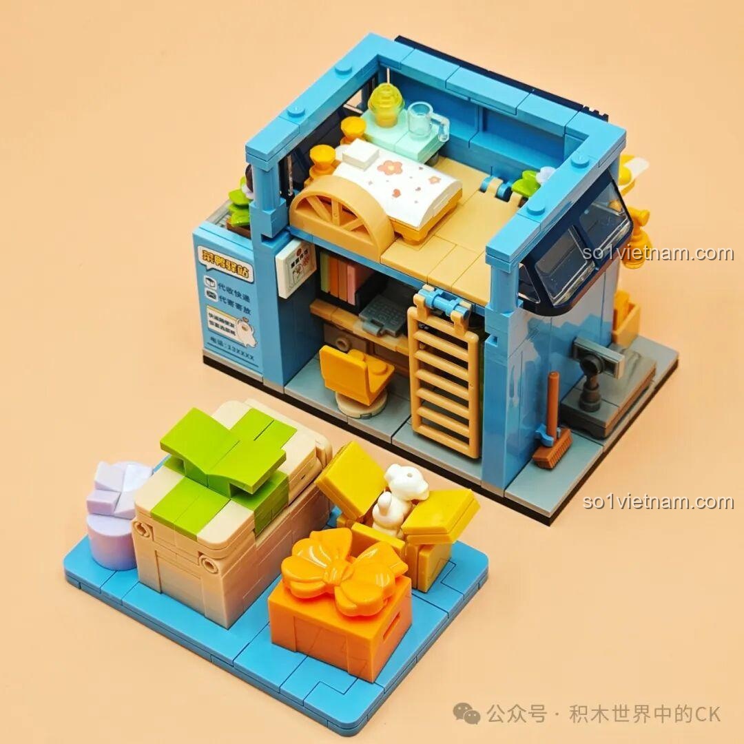 Hộp bộ lắp ghép Sembo 612020 Văn Phòng Bất Động Sản An Cư, hình ảnh chú Vịt Lưu Nhỏ trên xe máy, thiết kế xanh mát