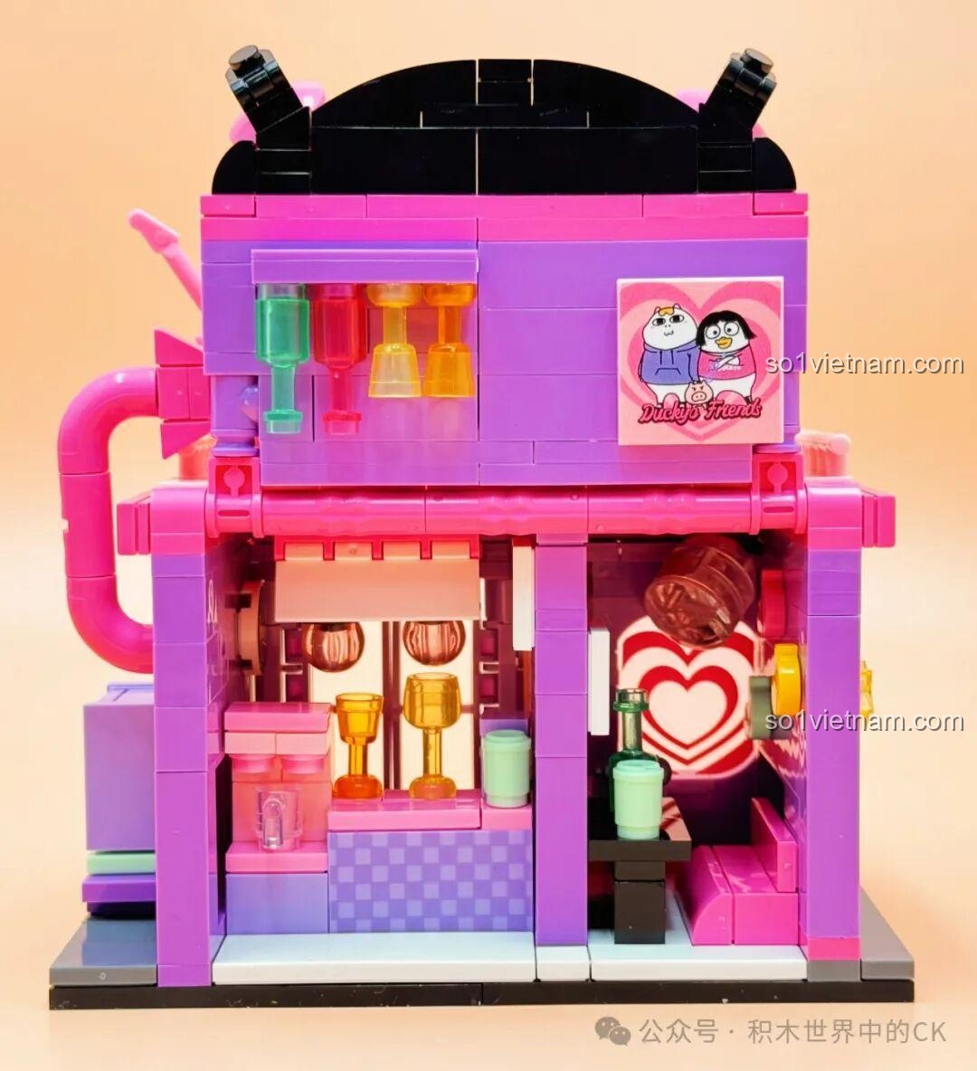 Mô hình hoàn chỉnh bộ lắp ghép Sembo 612022 Cửa Hàng Tiện Lợi từ phía trước, chú Vịt Lưu Nhỏ trên mái nhà, chi tiết đẹp