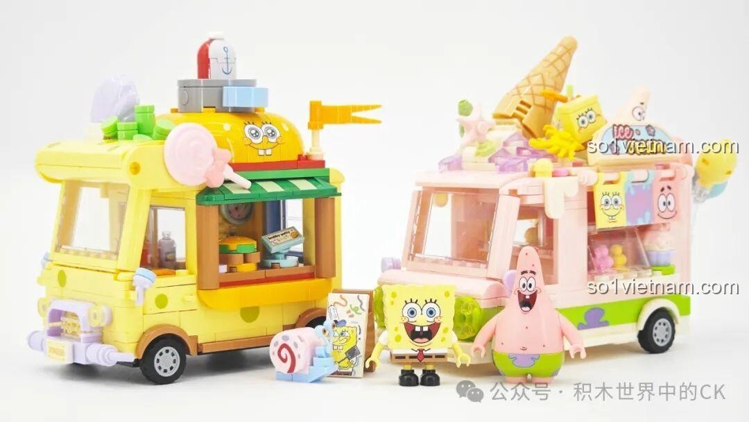 Hai mô hình xe kem Patrick Star và xe bánh mì kẹp thịt SpongeBob đứng cạnh nhau, tạo nên một cặp đôi hoàn hảo.
