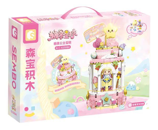 Hộp bộ đồ chơi Bánh Kem Công Chúa Kẹo Ngọt SEMBO 615084 giá tốt cho bé gái 6 tuổi, có đèn LED và lắp được 2 kiểu.