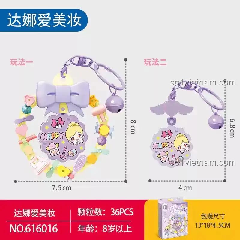 Kích thước chi tiết bộ đồ chơi 616016, đồ chơi lắp ghép Móc Khóa Gugu Blocks, hộp đựng nhỏ gọn tiện lợi cho bé gái 8 tuổi