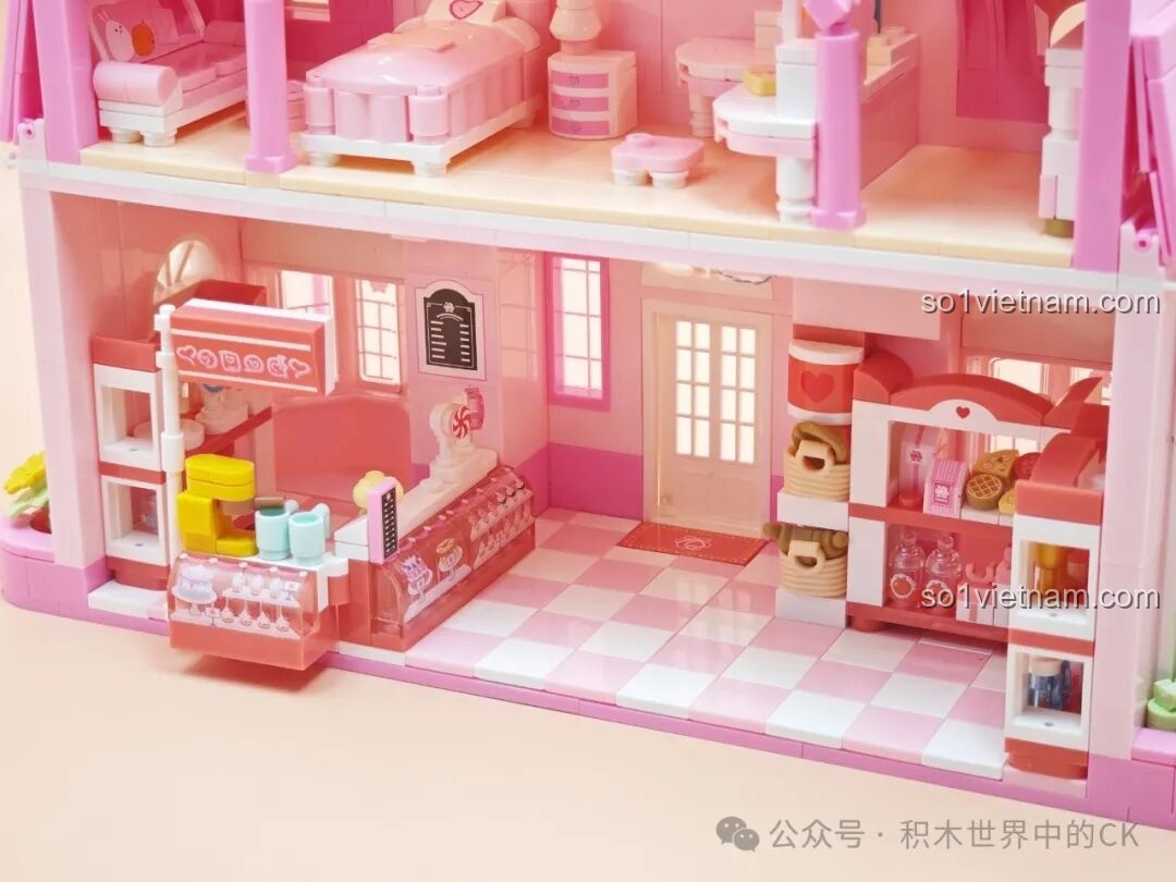 Chi tiết quầy bánh và tủ trưng bày đồ uống trong bộ SEMBO 616208 Tiệm Bánh Hoa Hồng Tình Yêu