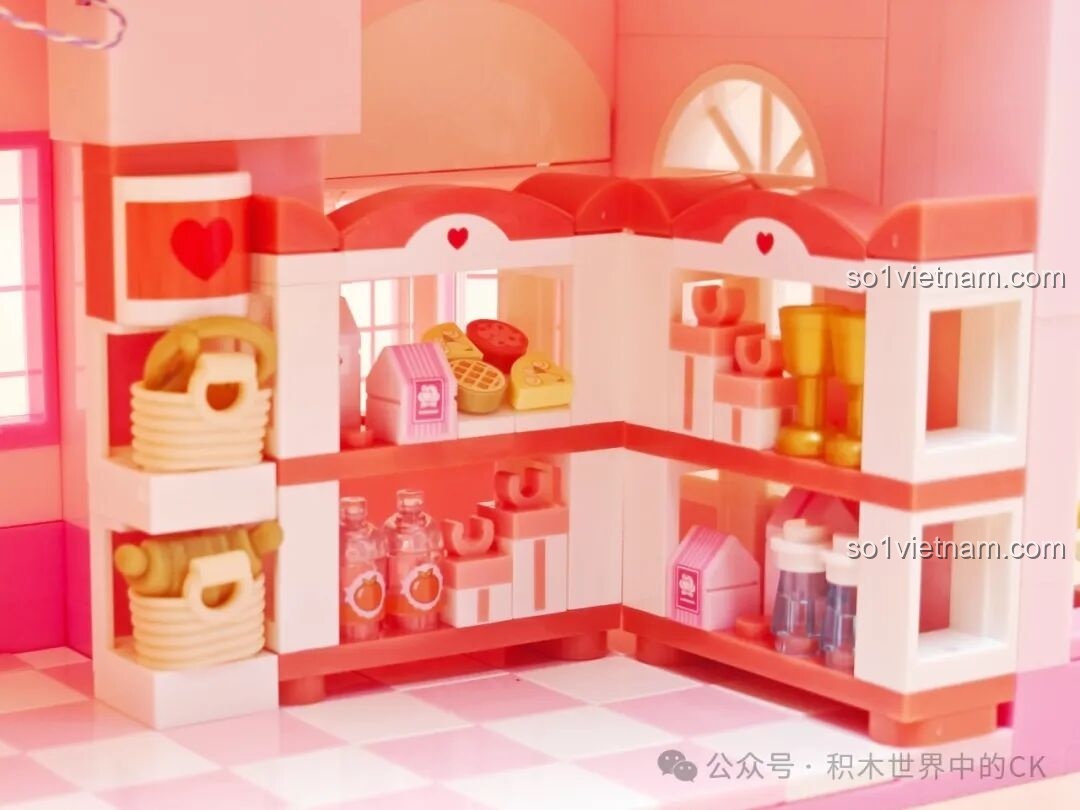 Chi tiết giường ngủ và bàn trang điểm trong bộ SEMBO 616208 Tiệm Bánh Hoa Hồng Tình Yêu