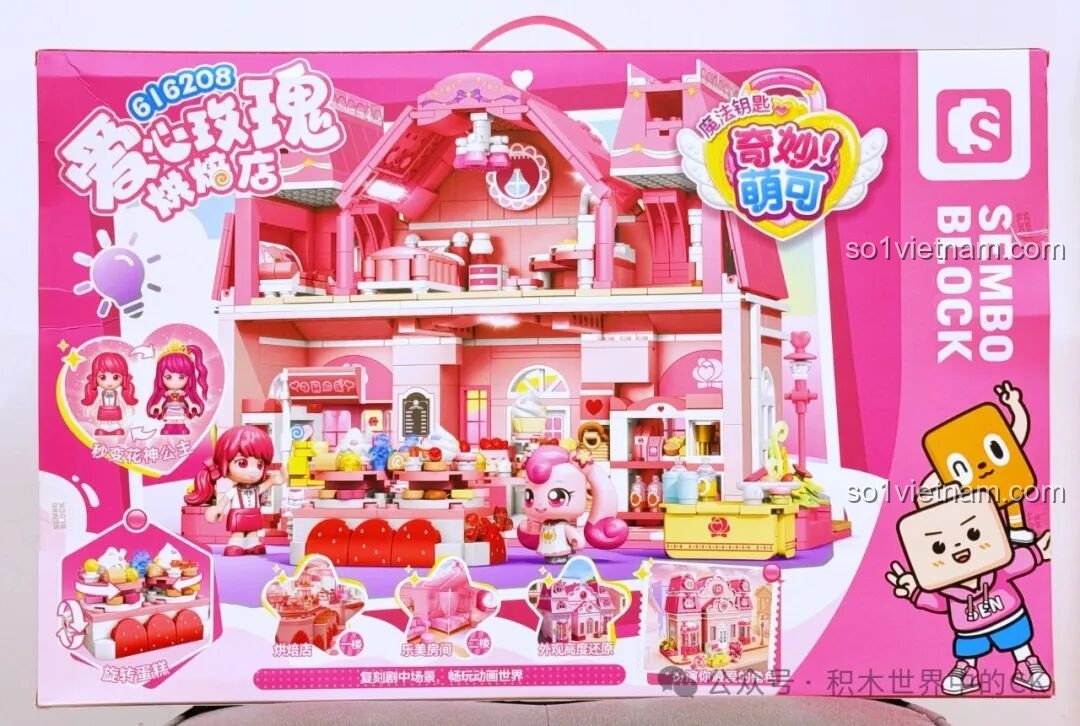 Bên trong hộp SEMBO 616208 Tiệm Bánh Hoa Hồng Tình Yêu với các túi chi tiết được sắp xếp gọn gàng