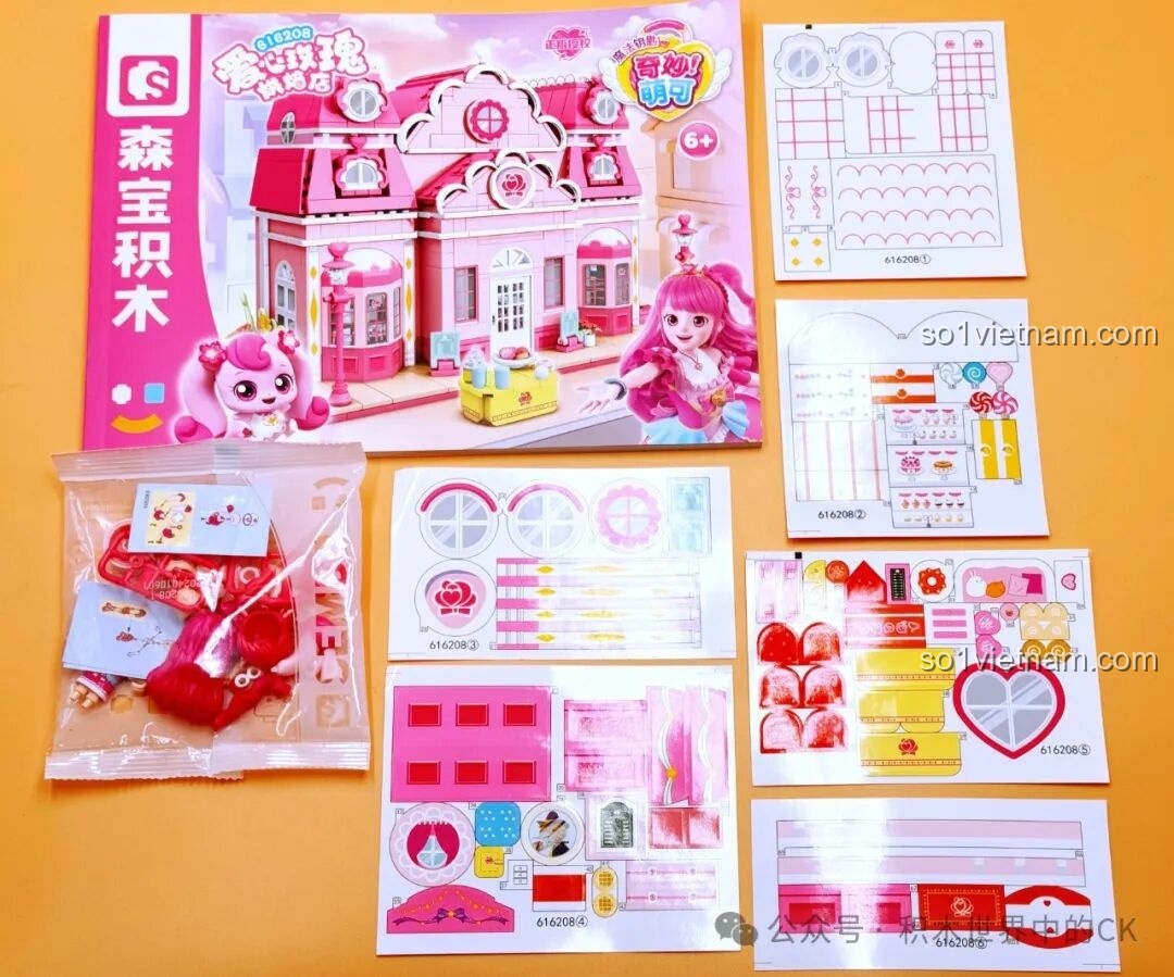 Sách hướng dẫn lắp ráp và các tờ sticker đi kèm bộ SEMBO 616208 Tiệm Bánh Hoa Hồng Tình Yêu
