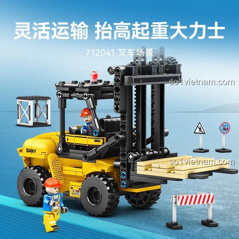 Mô hình xe nâng hàng SANY SEMBO 712041 đang vận hành, càng nâng linh hoạt, có minifigure công nhân, đồ chơi mô hình xe nâng hàng cho bé trai 6 tuổi
