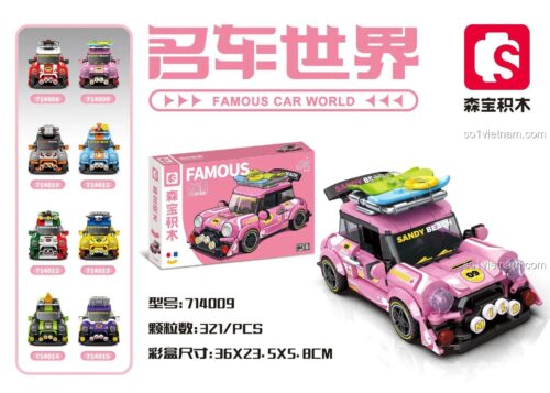 Mã sản phẩm đồ chơi xếp hình 714009 của Sembo, mô hình xe hơi bãi biển màu hồng.