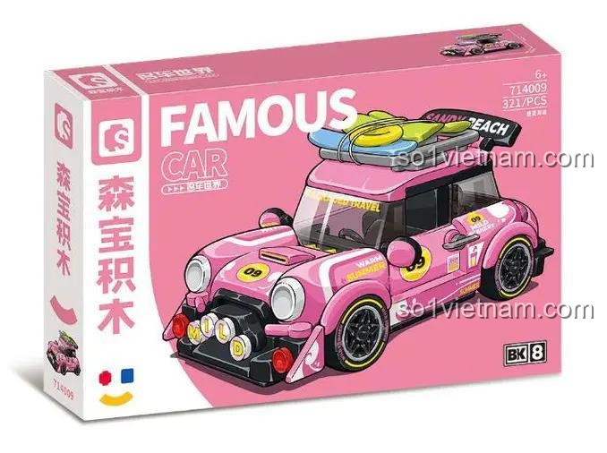 Hộp đồ chơi mô hình Sembo 714009 Xe Mini Cooper màu hồng và các mẫu xe khác trong bộ sưu tập Famous Car World.