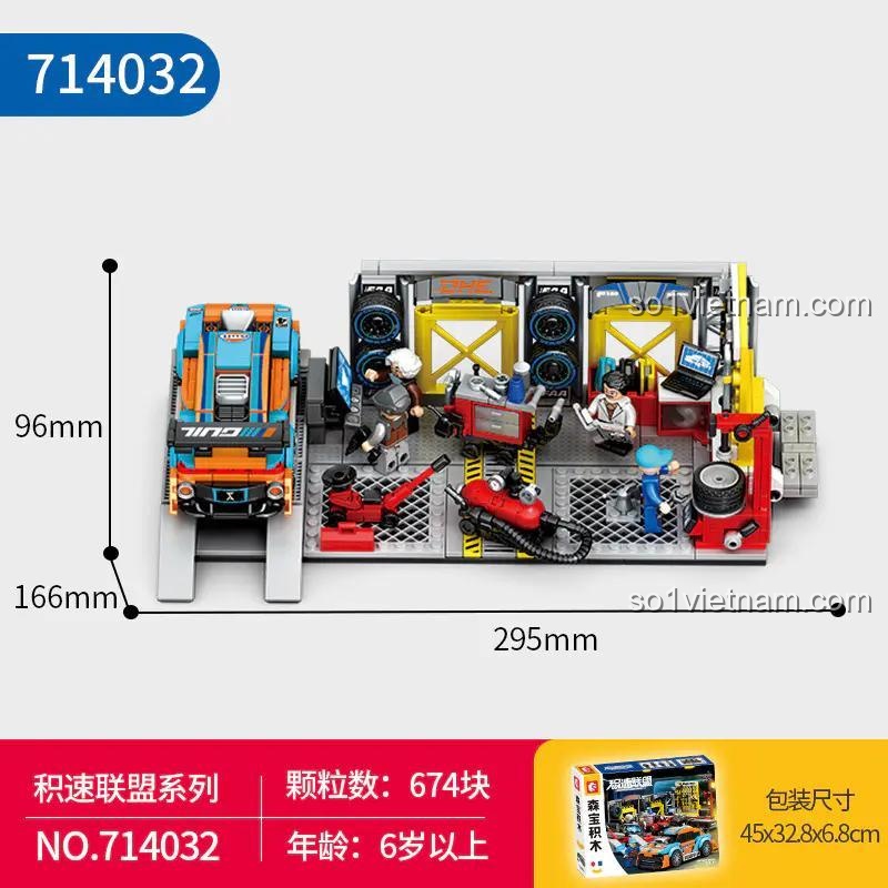 Kích thước mô hình Xưởng độ xe "Tốc độ" Sembo 714032 và kích thước hộp đựng, bộ đồ chơi cho bé trai 6 tuổi