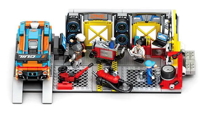 Bộ lắp ghép SEMBO 714032 Xưởng độ xe "Tốc độ" với xe đua và khu vực sửa chữa chi tiết, phù hợp cho bé trai 6 tuổi