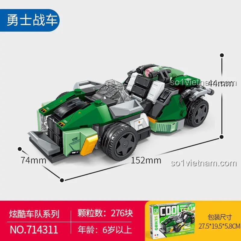 SEMBO 714311 Xe Jeep Quân Sự "Chiến Binh" - Kích thước mô hình 15.2x7.4x4.4cm, hộp 27.5x19.5x5.8cm, đồ chơi lắp ráp cho bé 6 tuổi