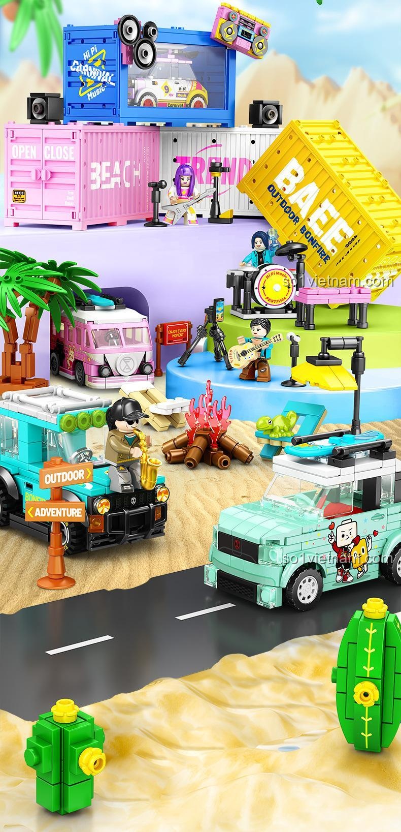 Bộ sưu tập đồ chơi lắp ráp chủ đề lễ hội âm nhạc của Sembo, trong đó có bộ Xe địa hình dã ngoại Sembo 714509.