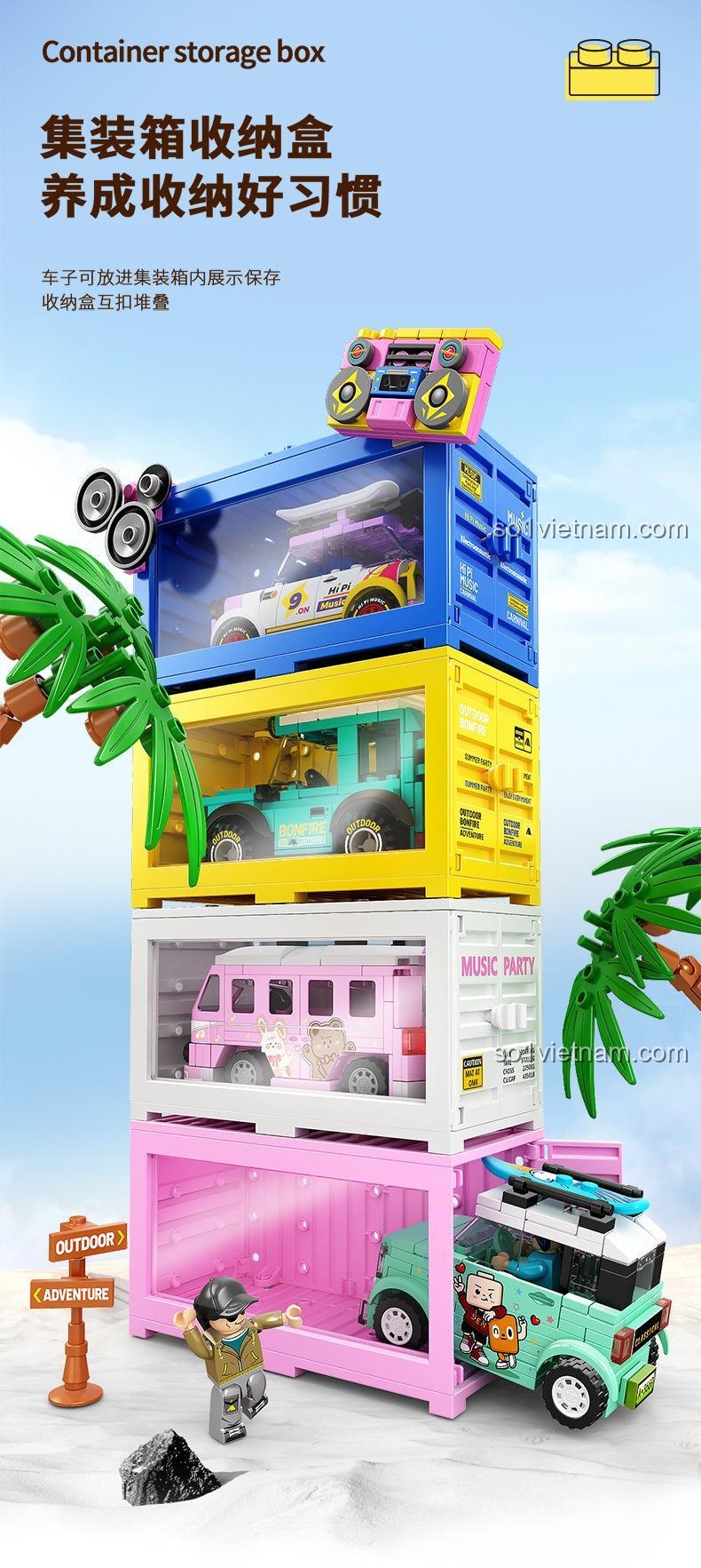 Container của bộ lắp ghép Mô hình tiệc lửa trại 4509 có thể dùng làm hộp lưu trữ, xếp chồng lên nhau.