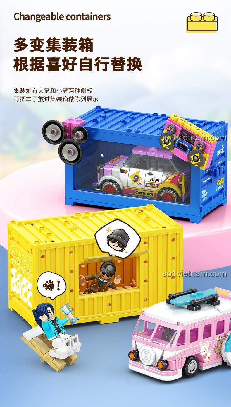 Cảnh cắm trại ngoài trời 714509 với container có thể thay đổi cửa sổ lớn hoặc nhỏ, trưng bày xe bên trong.