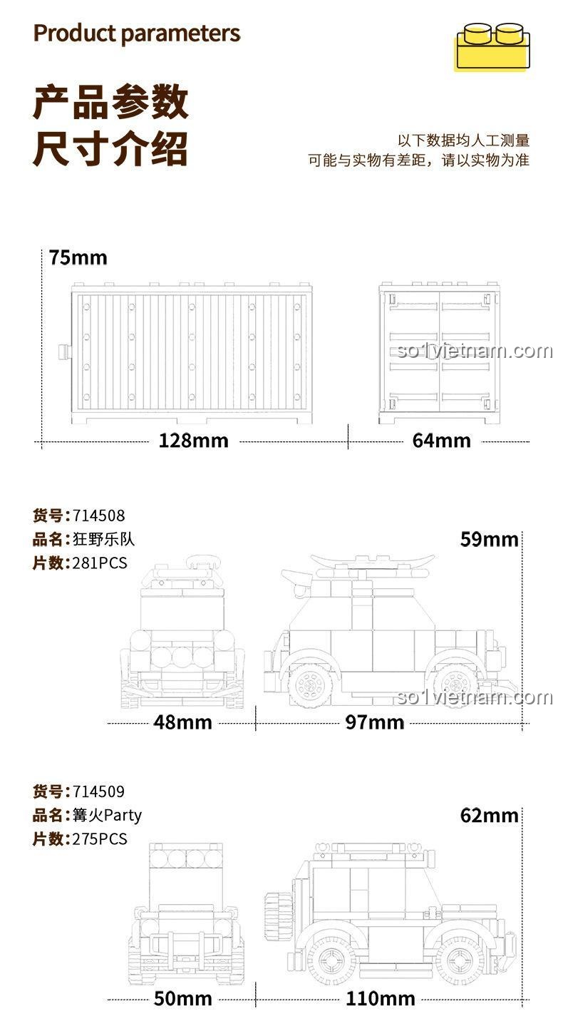 Thông số kích thước chi tiết của xe và container trong bộ lắp ghép Sembo 714509 Bữa Tiệc Lửa Trại.