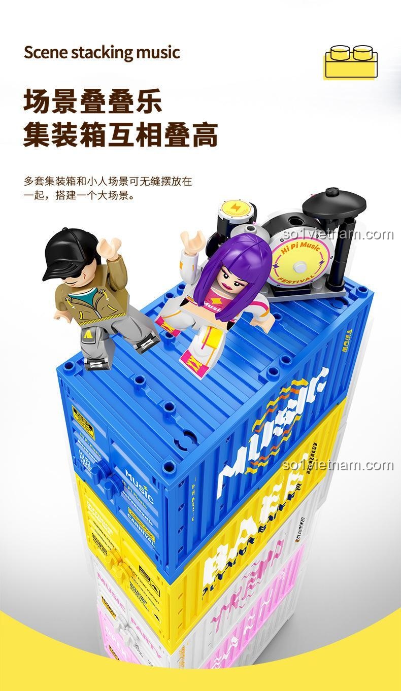 Các container từ nhiều bộ Sembo có thể xếp chồng lên nhau để tạo một sân khấu lớn, bao gồm cả bộ Sembo 714509.