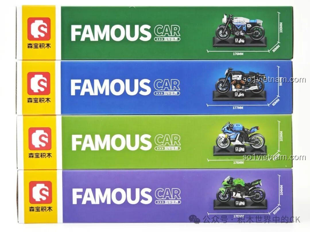 Kích thước chi tiết của 4 mô hình xe máy lắp ráp Sembo Famous Car, bao gồm Ducati Freedom 800 714536, được in rõ ràng trên hộp.