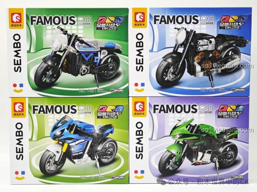 Bốn hộp riêng lẻ của các mô hình xe máy lắp ráp Sembo Famous Car, mỗi hộp chứa một mẫu xe khác nhau như Ducati Freedom 800 714536.