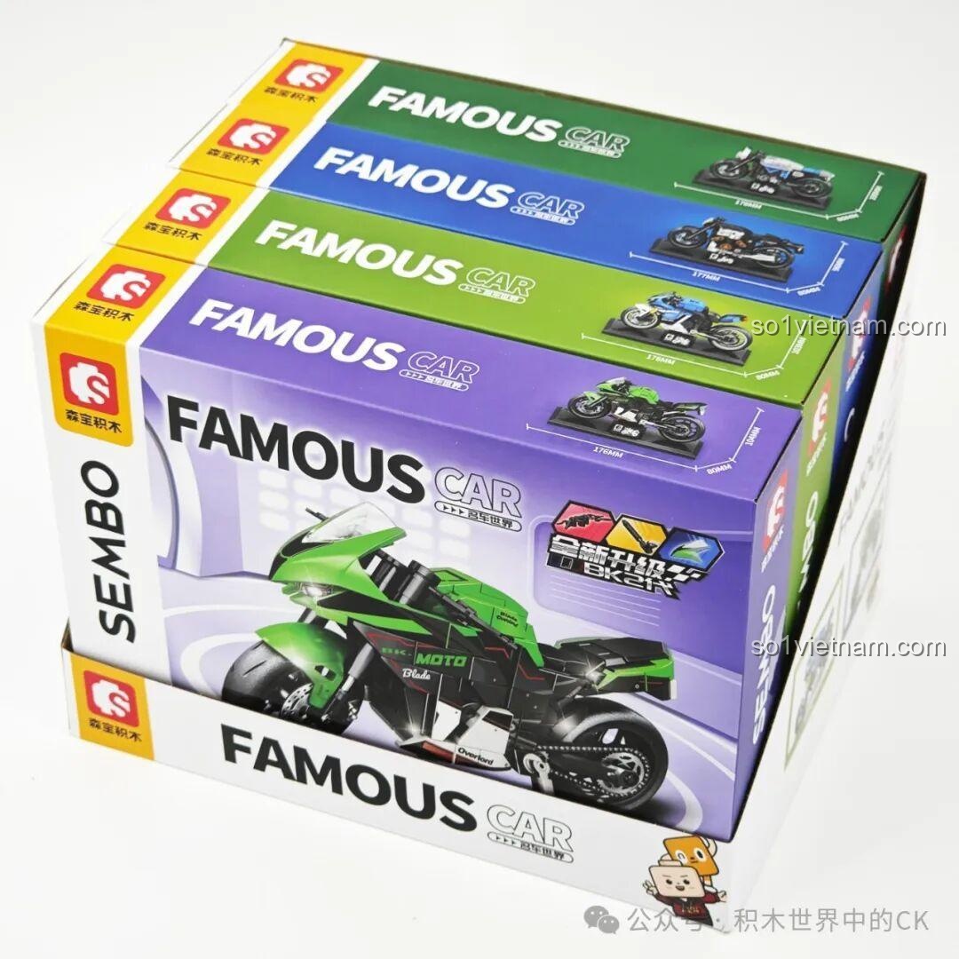 Bộ sưu tập 4 mô hình xe máy lắp ráp Sembo Famous Car, bao gồm Ducati Freedom 800 714536, Yamaha V-MAX, R1 và Kawasaki NINJA ZX-10R, đóng gói trong hộp đẹp mắt.