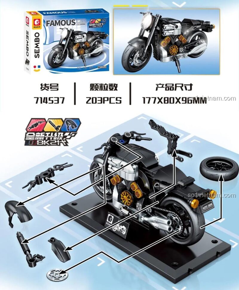 Hộp bộ đồ chơi Sembo 714537 Mô Tô Yamaha V-MAX, đồ chơi lắp ghép Sembo giá rẻ cho bé trai 6 tuổi, có hệ thống treo hoạt động