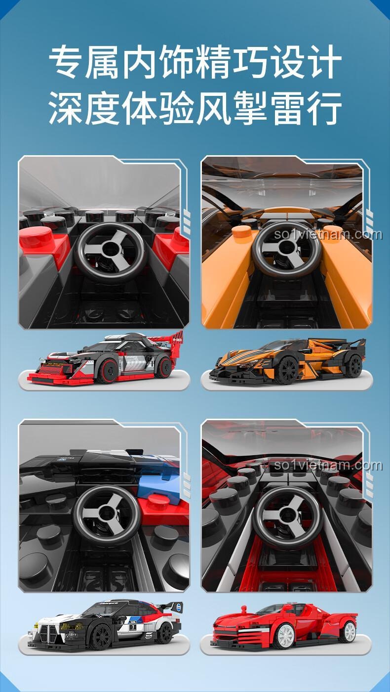 Bộ lắp ghép SEMBO 714560-714563 series siêu xe đua BK.8, hiển thị các mẫu xe khác nhau và kích thước hộp, đồ chơi lắp ráp cho bé trai 6 tuổi