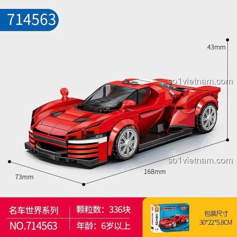 Kích thước mô hình siêu xe Sembo 714563, đồ chơi lắp ráp xe đua tốc độ 16.8x7.3x4.3cm, phù hợp bé trai 6 tuổi.