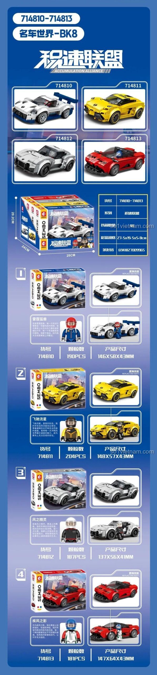 Đồ chơi lắp ráp SEMBO 714810 Xe Đua Thể Thao với kích thước chi tiết, giúp bé trai 6 tuổi phát triển tư duy.