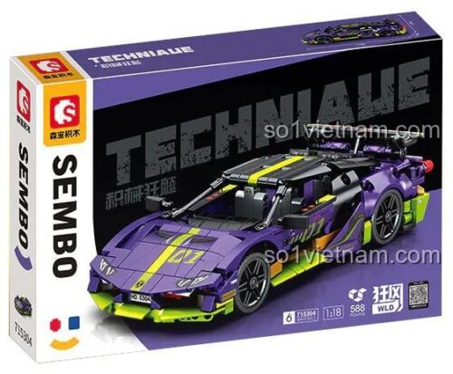 Hộp sản phẩm đồ chơi lắp ráp Sembo 715304, mô hình Siêu xe Lamborghini tỉ lệ 1:18 với 588 chi tiết, chất lượng cao.