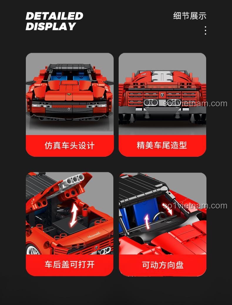 Hiển thị chi tiết các góc của bộ lắp ghép Siêu xe Ferrari SP4: thiết kế đầu xe, đuôi xe, nắp capo sau mở được và vô lăng xoay.