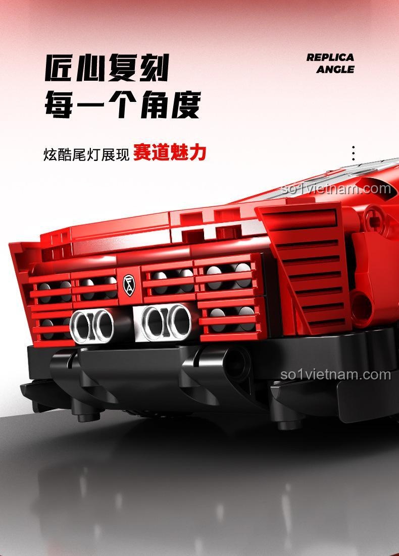 Chi tiết phần đuôi xe của bộ lắp ráp Sembo 715305, với cụm đèn hậu và lưới tản nhiệt được chế tác tinh xảo, thể hiện sức hút đường đua.