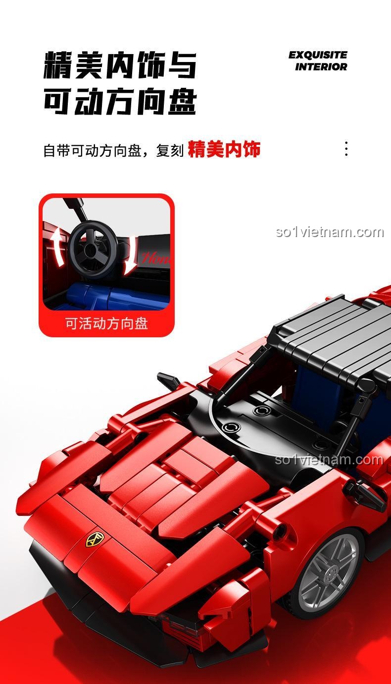 Nội thất tinh tế và vô lăng có thể xoay được của đồ chơi xây dựng Sembo, một chi tiết hấp dẫn cho các bé trai.