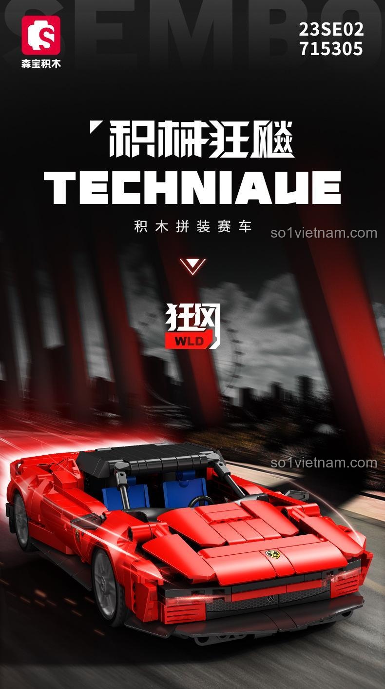 Poster quảng cáo cho dòng sản phẩm Techniaue của Sembo, nổi bật là đồ chơi lắp ráp Mô hình Ferrari SP4 715305.