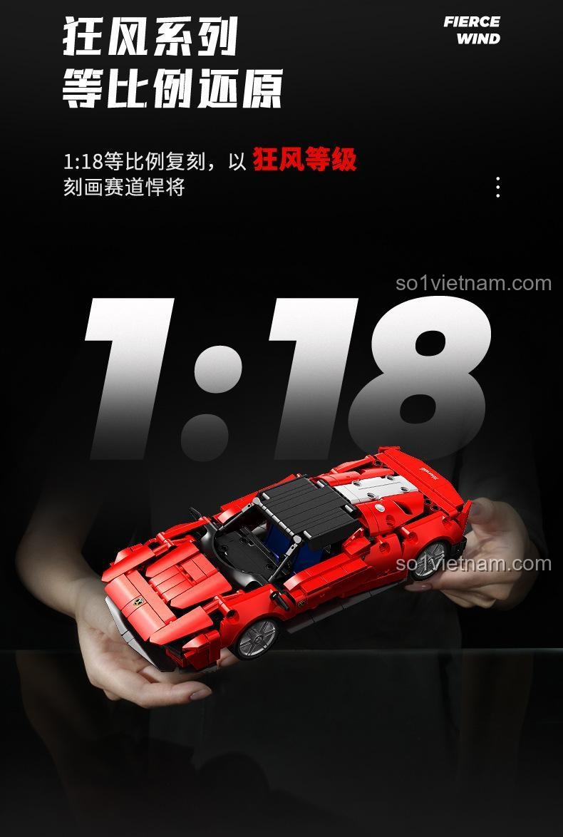 Poster nhấn mạnh tỉ lệ 1:18 của bộ lắp ghép Xe thể thao Ferrari SP4 Sembo, tái hiện chân thực siêu xe đường đua.