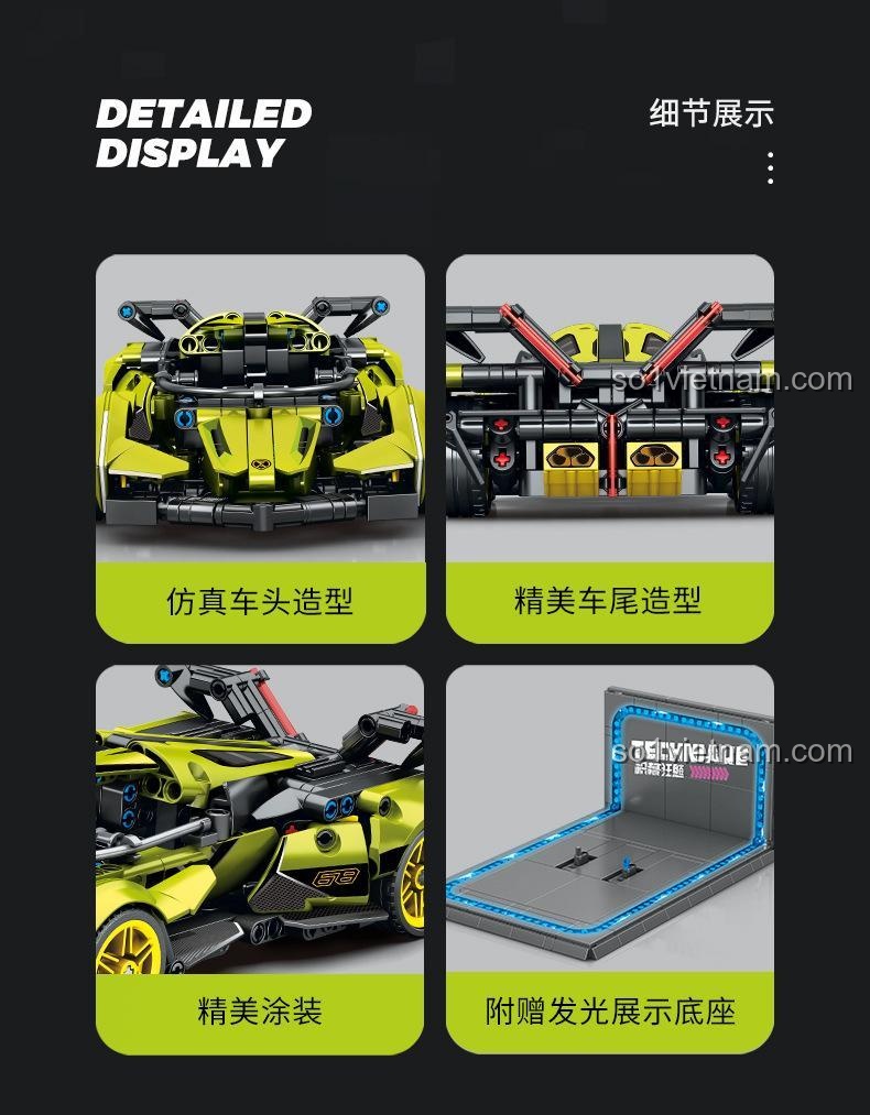 Hiển thị chi tiết các góc cạnh của bộ lắp ráp Xe concept Lamborghini Vision GT: đầu xe, đuôi xe, lớp sơn, đế trưng bày.