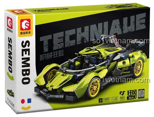 Hình ảnh bộ lắp ráp Siêu xe Lamborghini Vision GT SEMBO 715306 sau khi hoàn thiện, màu xanh lá nổi bật, dành cho bé trai 6 tuổi.