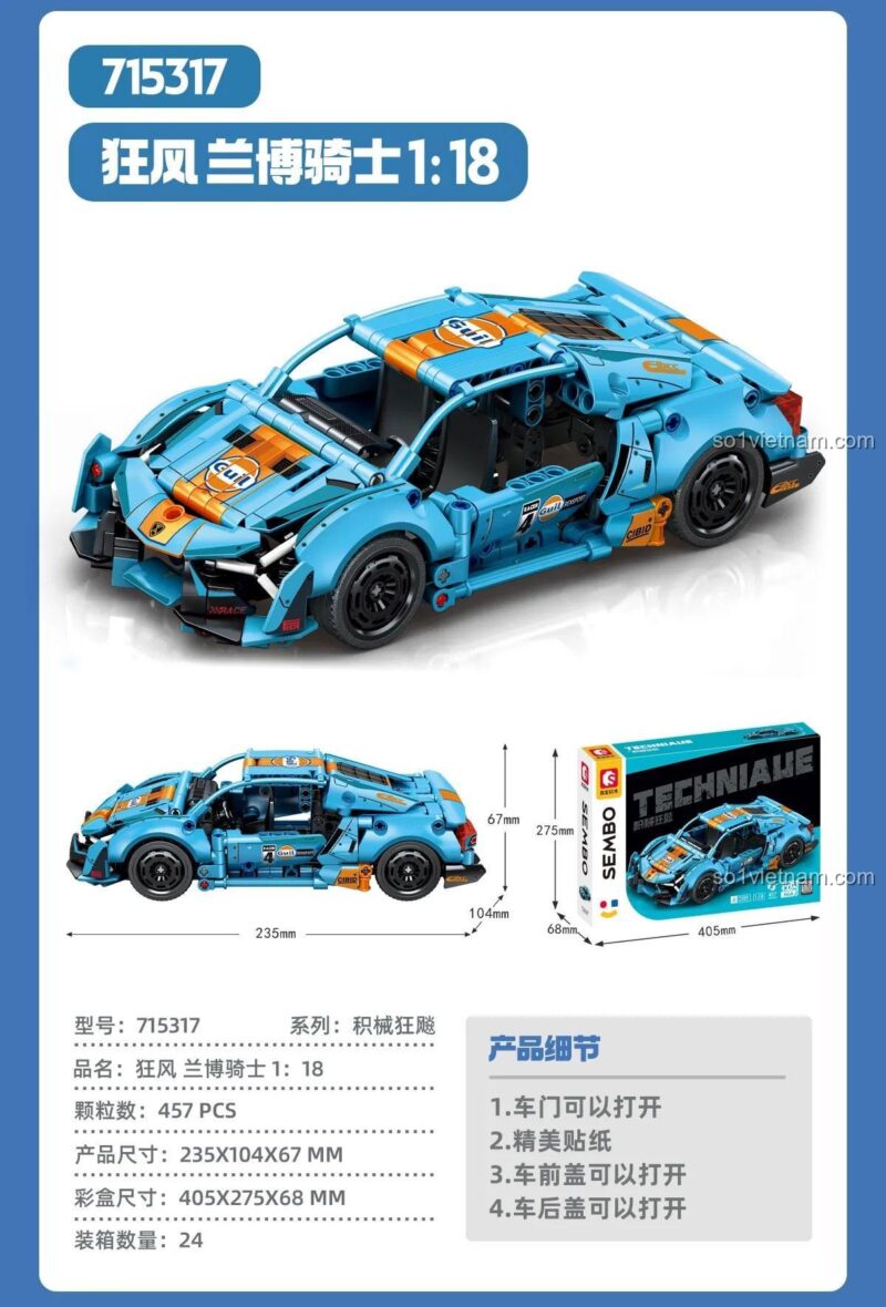 Thông số kỹ thuật Mô hình siêu xe Lamborghini SEMBO, Xe đua Lamborghini Knight 715317, có cửa và capo mở được, giá tốt cho bé trai.