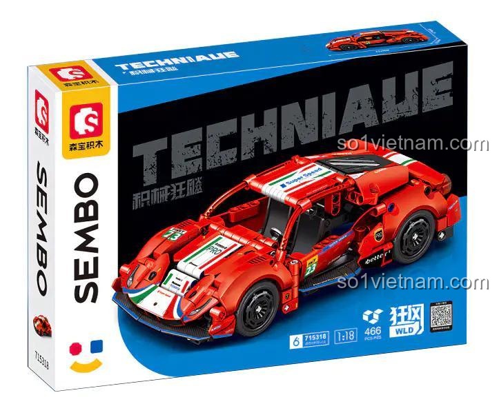 Hộp sản phẩm SEMBO 715318 Siêu xe tốc độ "Cuồng Phong" Đỏ, đồ chơi lắp ráp xe đua thể thao, 466 mảnh ghép, tỉ lệ 1:18