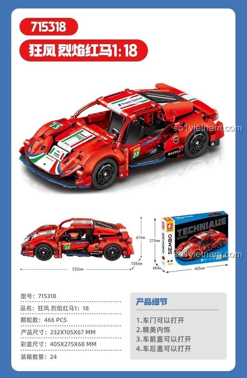 SEMBO 715318 Siêu xe tốc độ "Cuồng Phong" Đỏ, mô hình xe đua thể thao tỉ lệ 1:18, 466 mảnh ghép, đồ chơi sáng tạo cho bé trai 6 tuổi