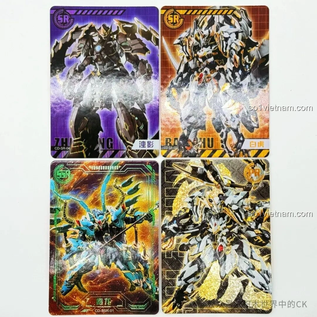 Bốn thẻ bài SR và SSR với hình ảnh robot mecha Bạch Hổ, Thanh Long, Trọc Ảnh và Chiêm Minh từ series SEMBO Nguyên Linh Chiến Kỷ.