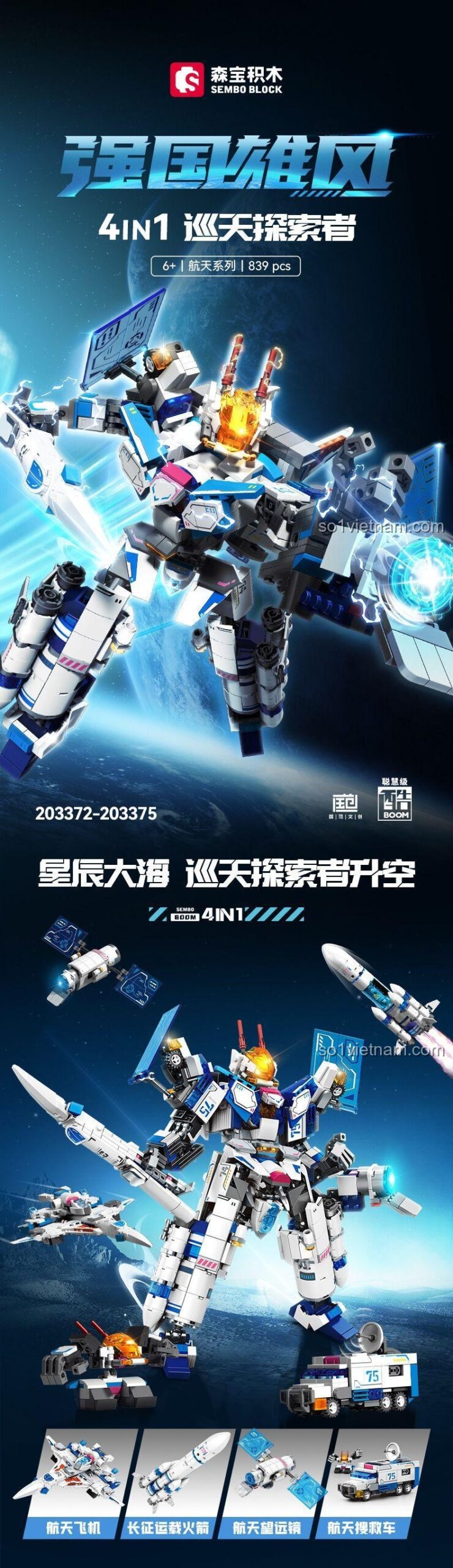 đồ chơi lắp ráp SEMBO Block 203372-203375, bộ lắp ghép Robot Biến Hình 4 Trong 1 Sky Patrol Explorer, hộp đồ chơi 4 trong 1 cho bé trai 6 tuổi, giá rẻ