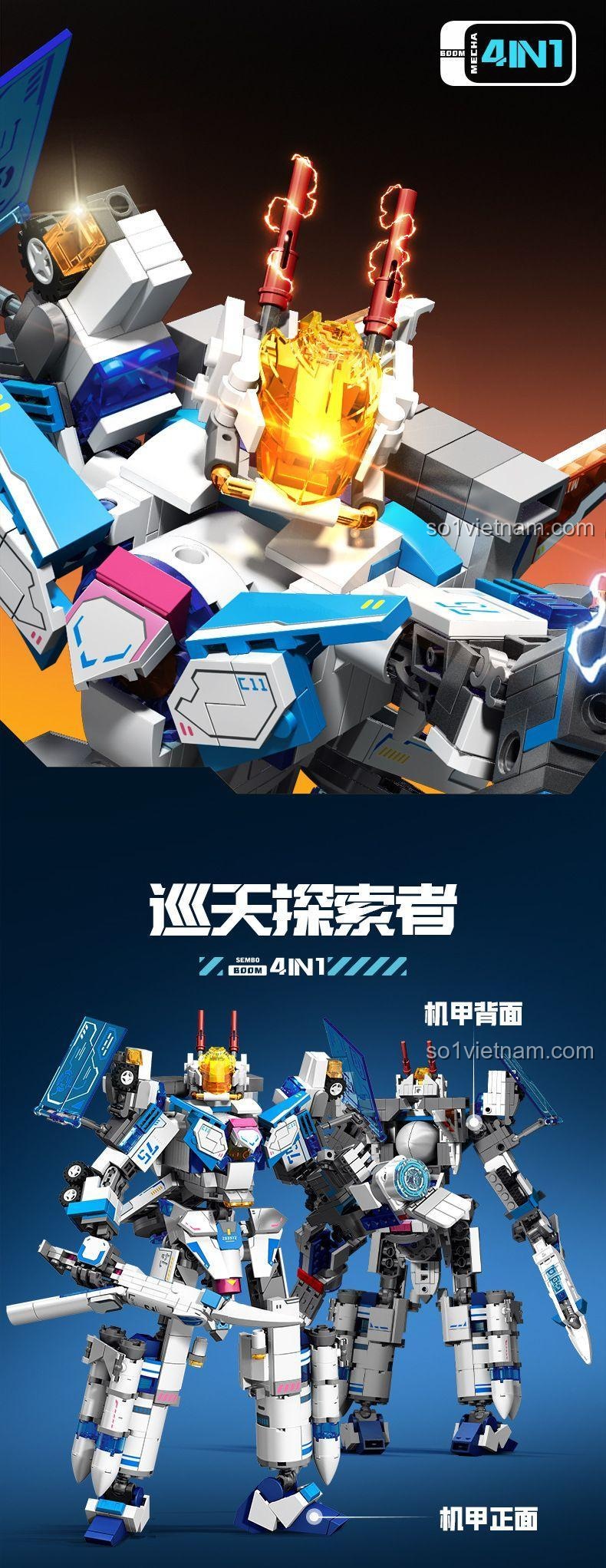 Robot Biến Hình 4 Trong 1 Sky Patrol Explorer SEMBO Block, chi tiết mô hình mecha không gian, đồ chơi lắp ráp cho bé trai 6 tuổi, giá tốt