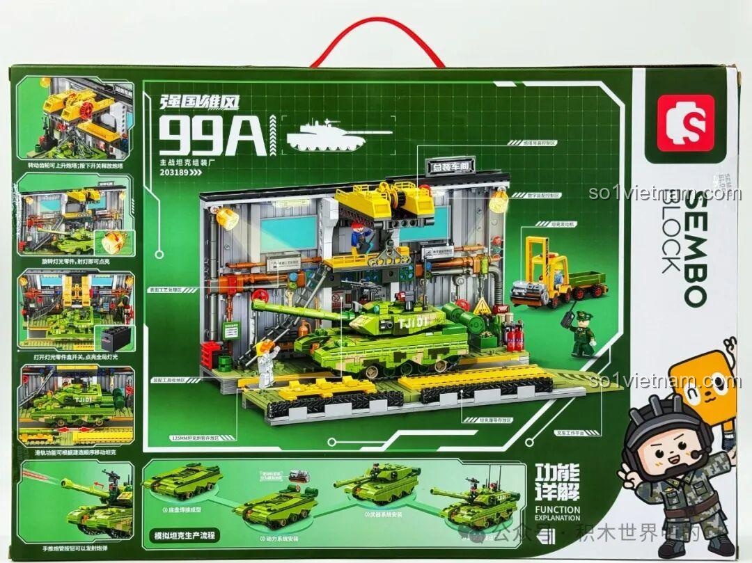 Mặt sau hộp Xưởng Lắp Ráp Xe Tăng Chiến Đấu Chủ Lực ZTZ-99A Sembo Block với các tính năng nổi bật và quy trình lắp ráp được minh họa.