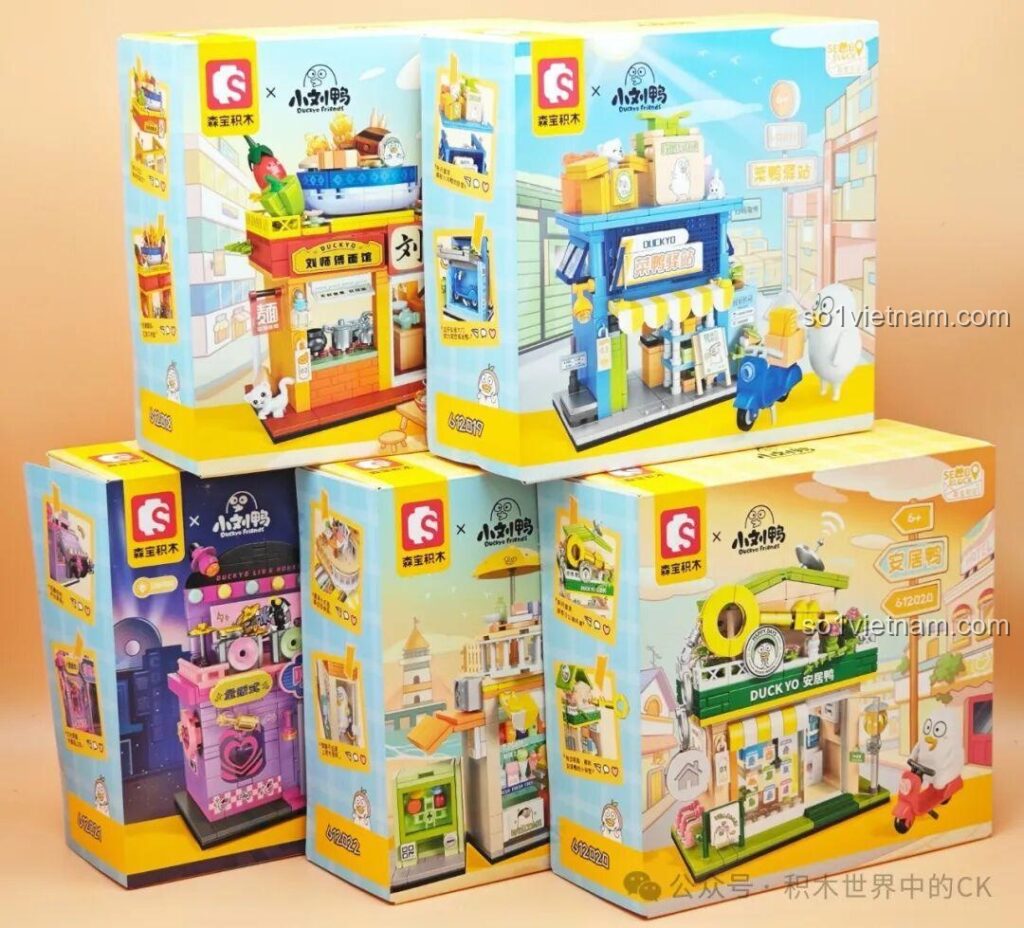 Tổng quan 5 hộp bộ lắp ghép Sembo Ducky Friends series Vịt Lưu Nhỏ, màu sắc tươi sáng, thiết kế đáng yêu, thu hút bé gái 6+