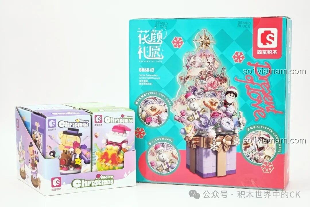 Tổng quan các hộp sản phẩm Giáng Sinh của SEMBO, bao gồm bộ lắp ghép SEMBO 605042 Hộp nhạc đèn và hoa và 4 bộ lật đật nhỏ.