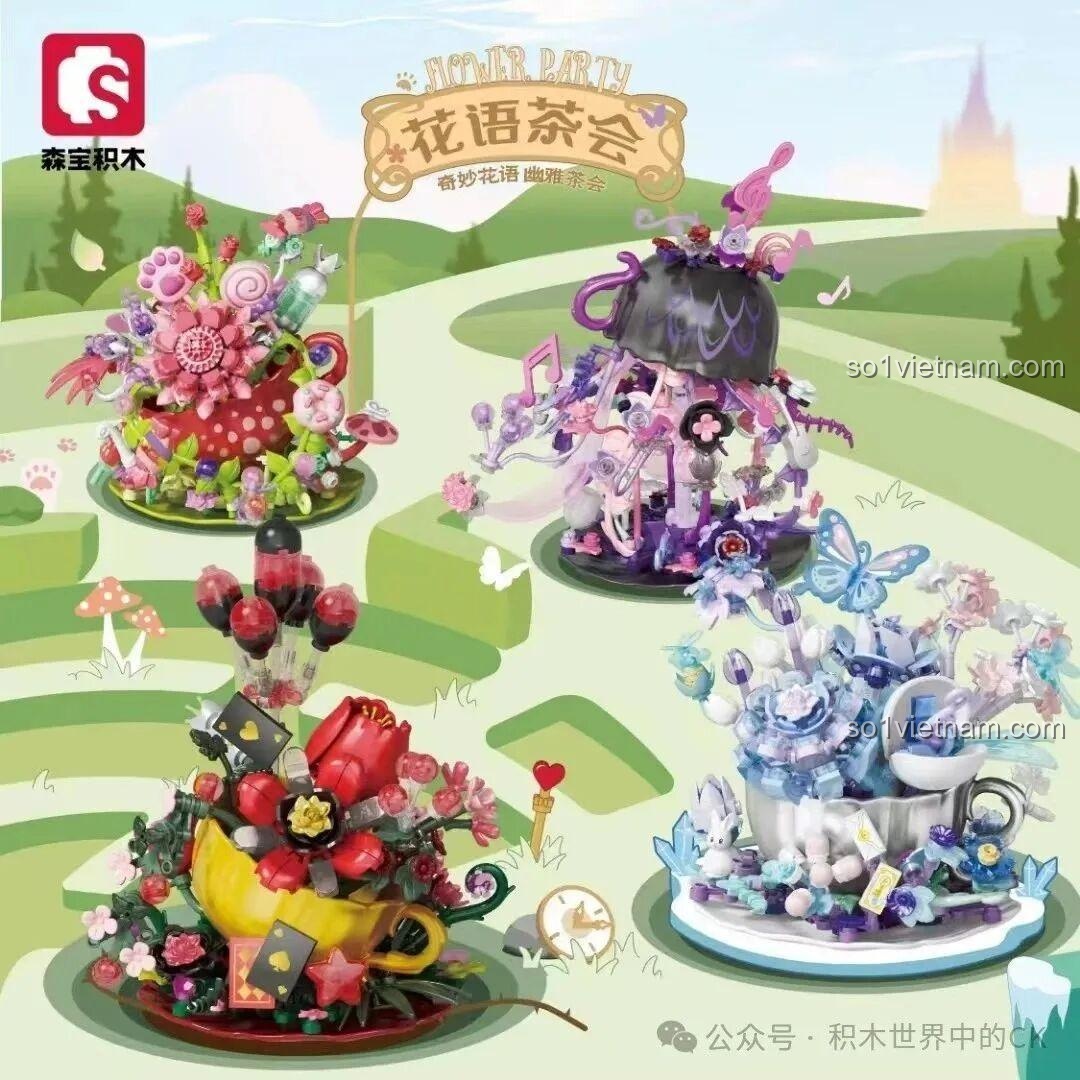 Toàn bộ bộ sưu tập đồ chơi lắp ráp Sembo Giáng Sinh, gồm 4 mô hình lật đật và Cây Thông Lấp Lánh 605042 có đèn LED, nhìn từ góc khác.