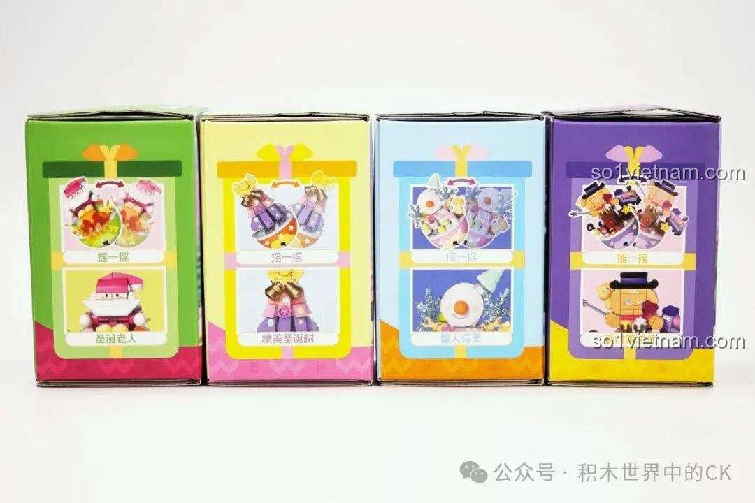 Mặt trước các hộp đồ chơi lắp ráp Sembo Giáng Sinh lật đật, hiển thị tên sản phẩm và mã số.